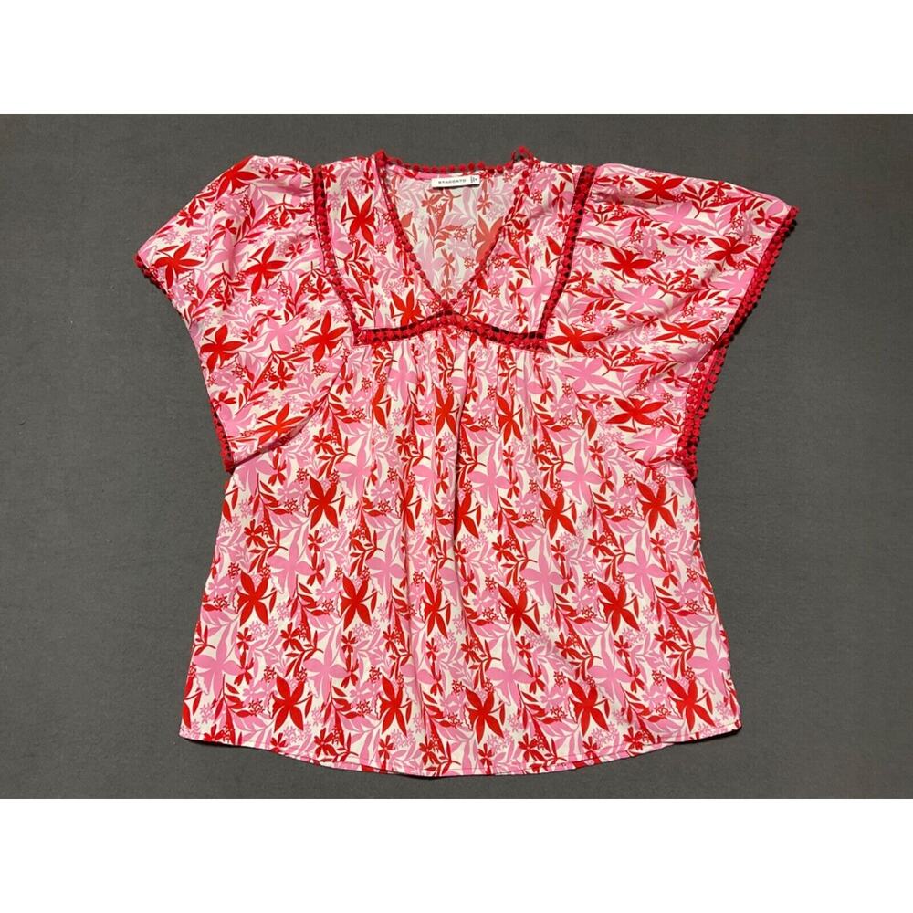 Staccato Floral Embroidered V-Neck‎ Top Size S Short Sleeve Polyester